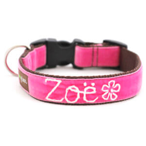 Zoe hand embroidered dog collar pink velvet