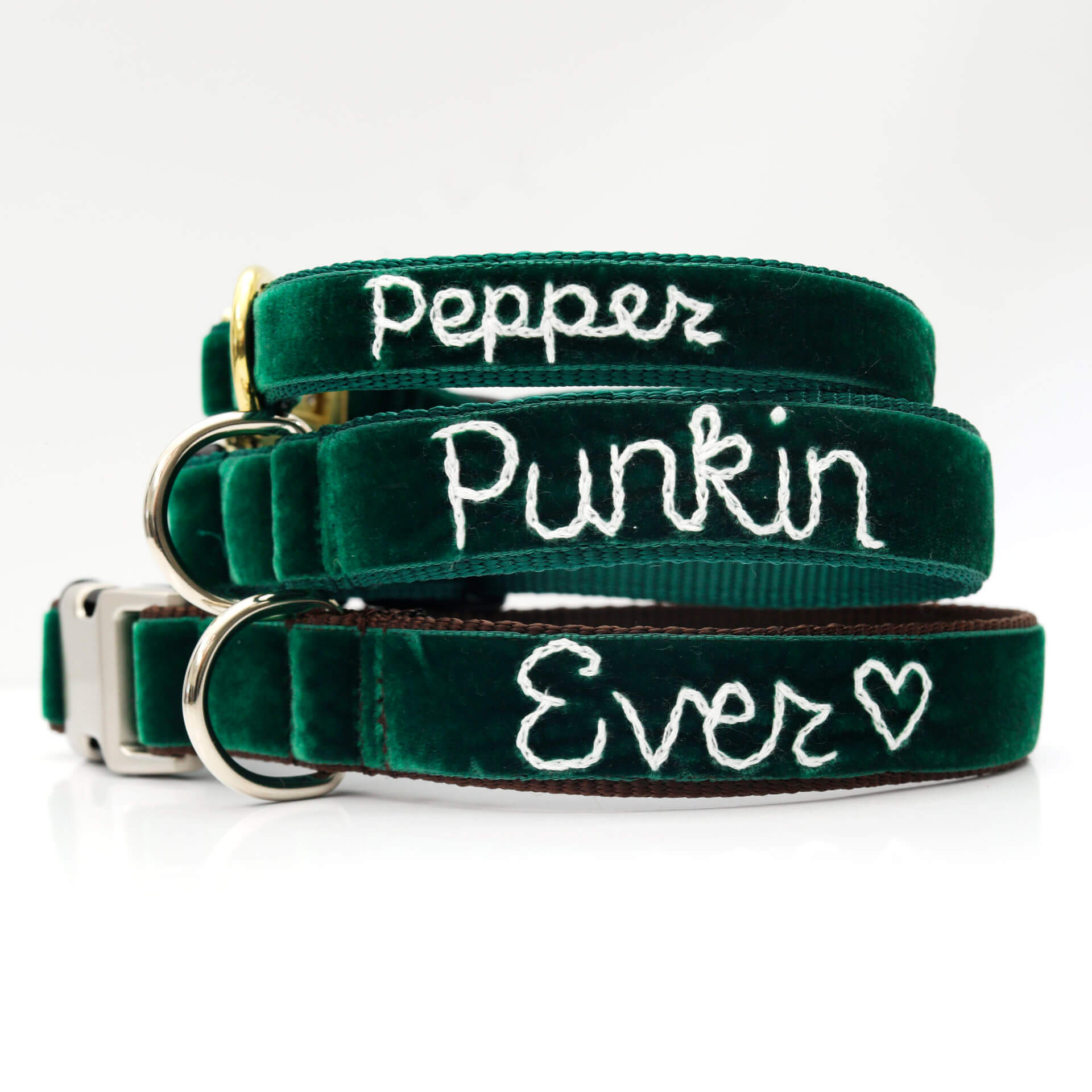evergreen velvet dog collar with embroidery personalization