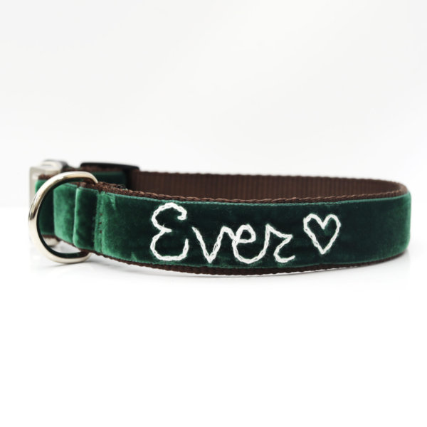evergreen forest green velvet dog collar with embroidery personalization