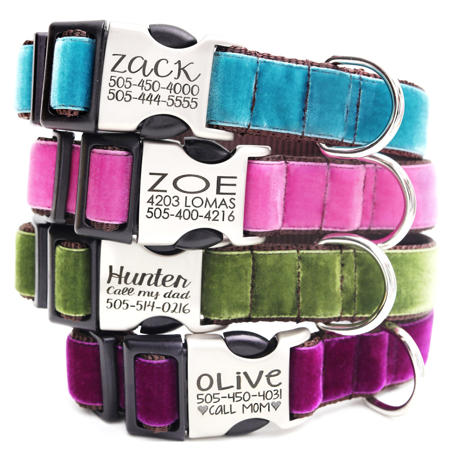 Velvet Dog Collars with Engraved Metal Buckle 14 Colors to Choose
