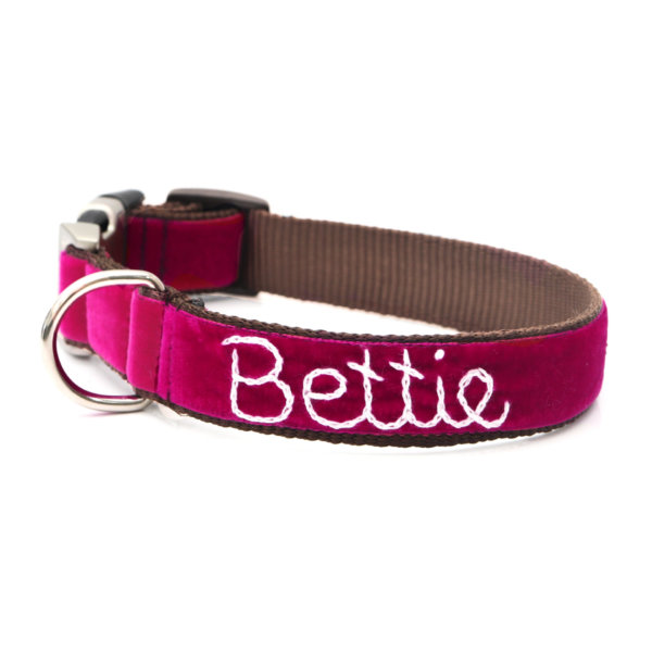 magenta pink hand embroidered dog collar bettie