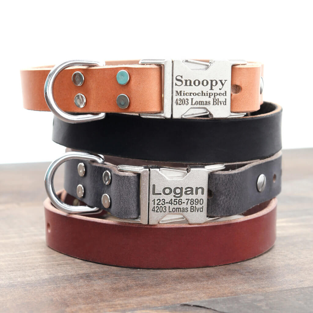 Classic Leather Dog Collar with Metal/Brass Engraved Buckle