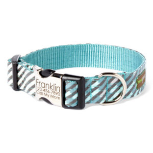 engraved Blue and Grey Striped dog collar