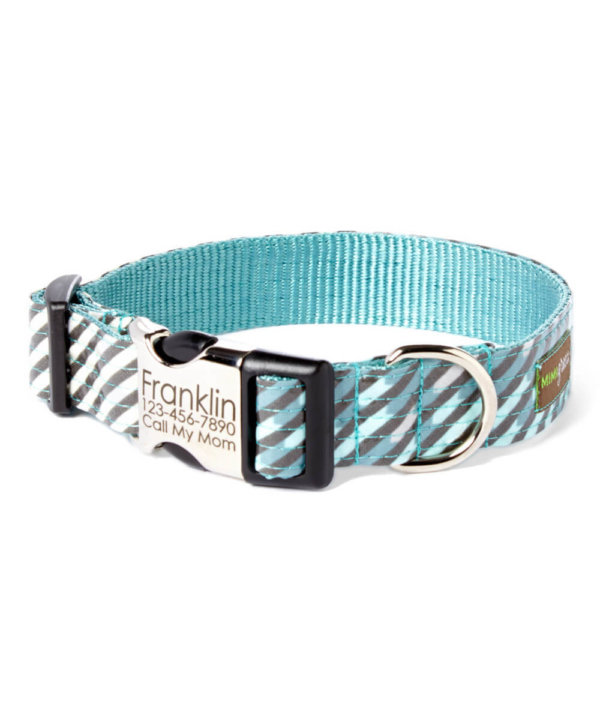 Blue Striped Laminated Cotton Dog Collar 'Agave'