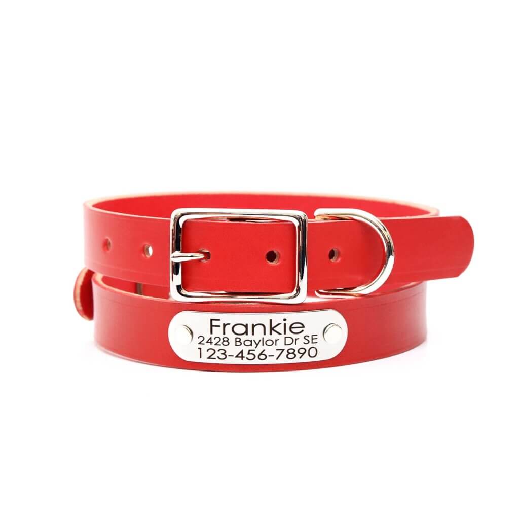 leather red belt buckle with nameplate