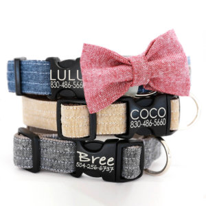 Engraved Bow Tie Dog Collar * 6 Colors of Linen
