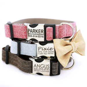 Engraved Bow Tie Dog Collar * 6 Colors of Linen