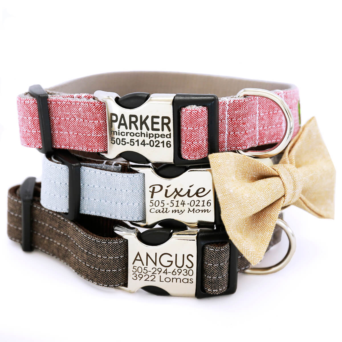 Engraved Bow Tie Dog Collar * 8 Colors of Linen