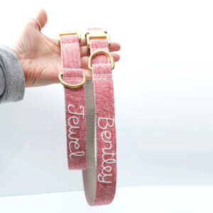 red linen dog collar embroidered name
