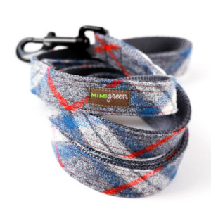blue and grey plaid flannel dog leash with black snap hook