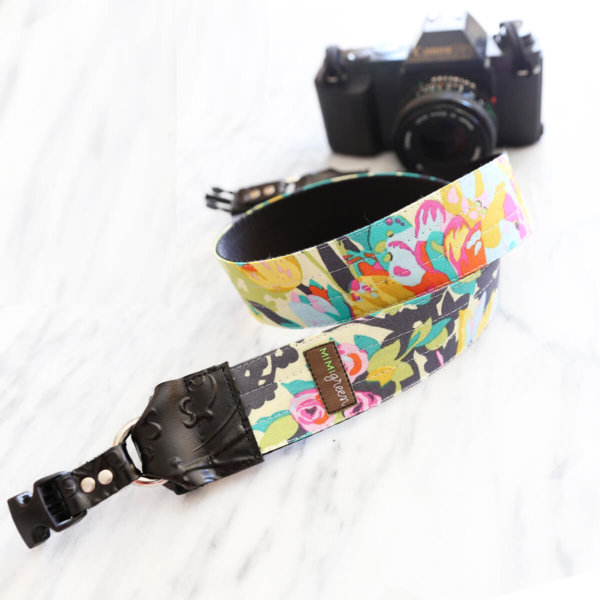 'Violette' Yellow Flower DSLR Camera Strap with Leather Ends