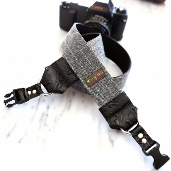 Charcoal Linen Camera Strap with Side Release Buckles & Leather Ends