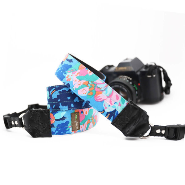 'Violette' Blue Flower DSLR Camera Strap with Leather Ends