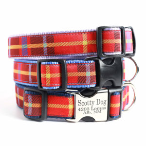 Red Plaid Dog Collars with Engraved Buckle