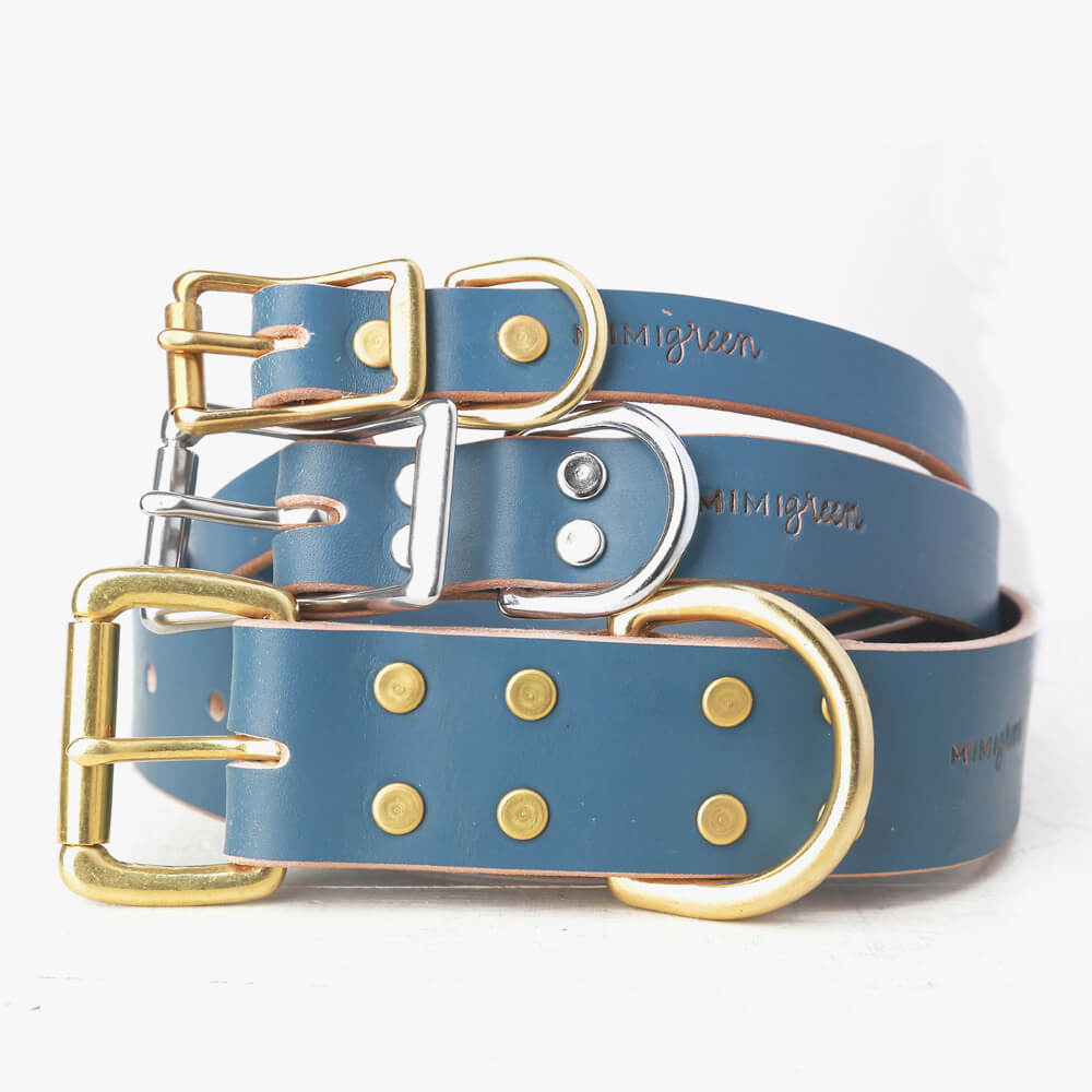 Blue Leather Dog Collar Belt Buckle Style