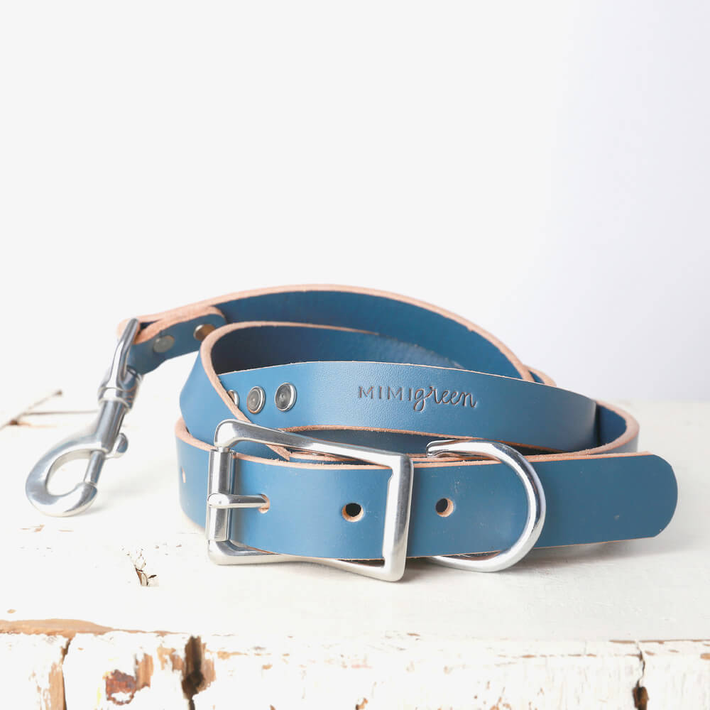 Blue Leather Dog Collar Belt Buckle Style