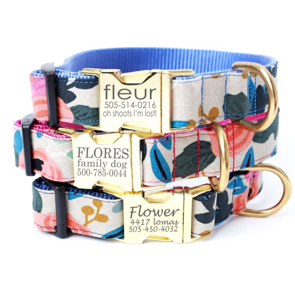 Fleur floral canvas dog collar natural color laser engraved buckle