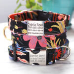 DD: 'Noir' Black & Floral Canvas Dog Collar - Laser Engraved Buckle w Choice of Webbing Color