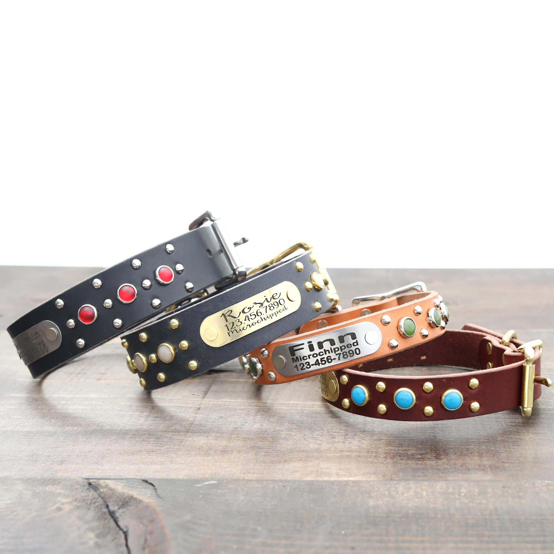 Personalized Studs & Gems Leather Dog Collar - 2 Wide - Pit Bull Gear