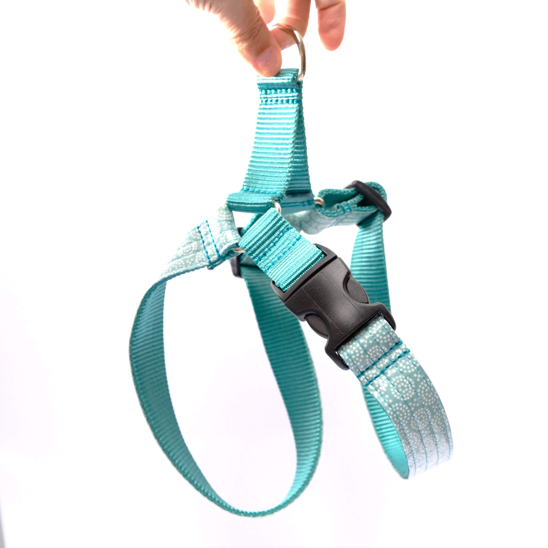 teal laminated dog harness retro vibes
