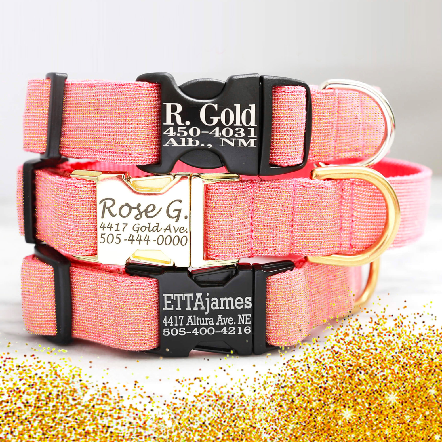 Rose Gold Dog Collar Pink Linen with Laser Engraved Buckle