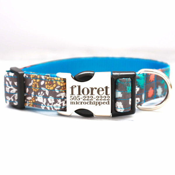 DD: FLORET Blue Botanical Design - Cotton Voile Dog Collar - Optional Engraving