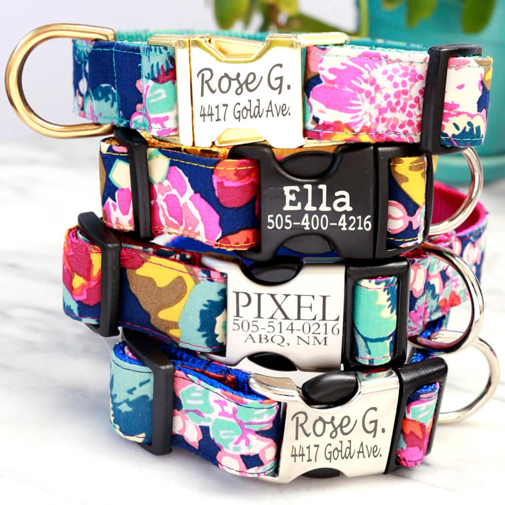 Ella floral cotton collar stacked with different buckle types and laser engraved.