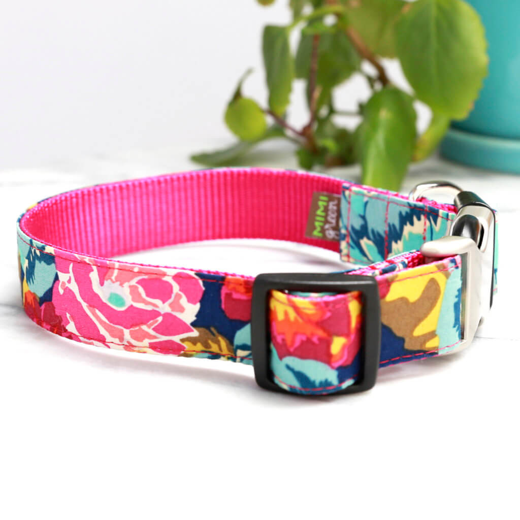 ella cotton floral dog collar raspberry pink