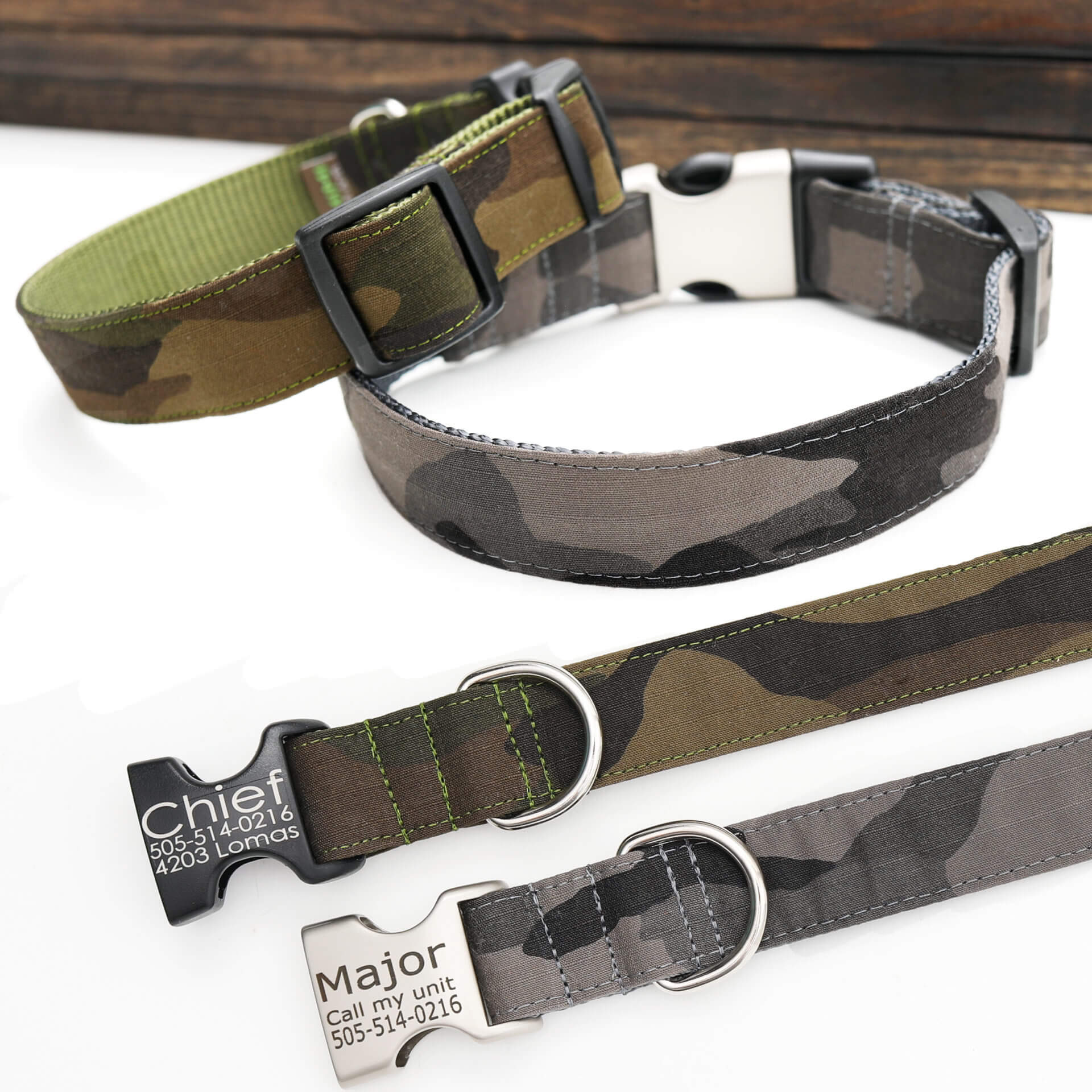 Camo Dog Collar with Tan Leather + Brown and White Stitching