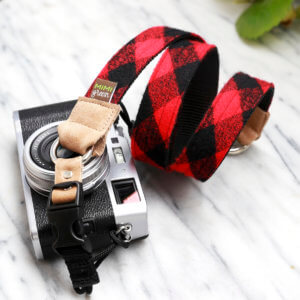 red buffalo plaid camera strap