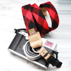 buffalo plaid camera strap red leather ends