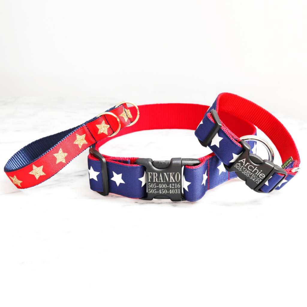 superhero dog collar, key fob, and wide collar in red and blue with star print