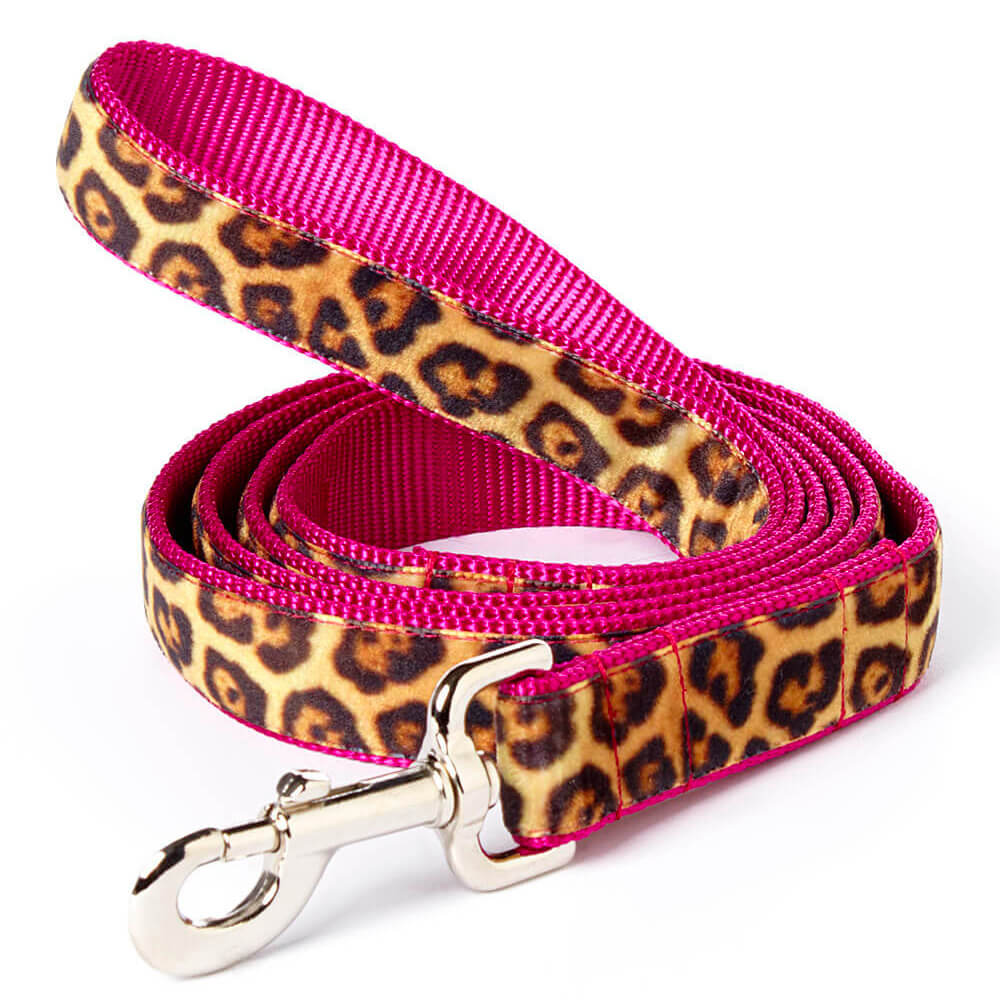 leopard velvet dog leash raspberry pink