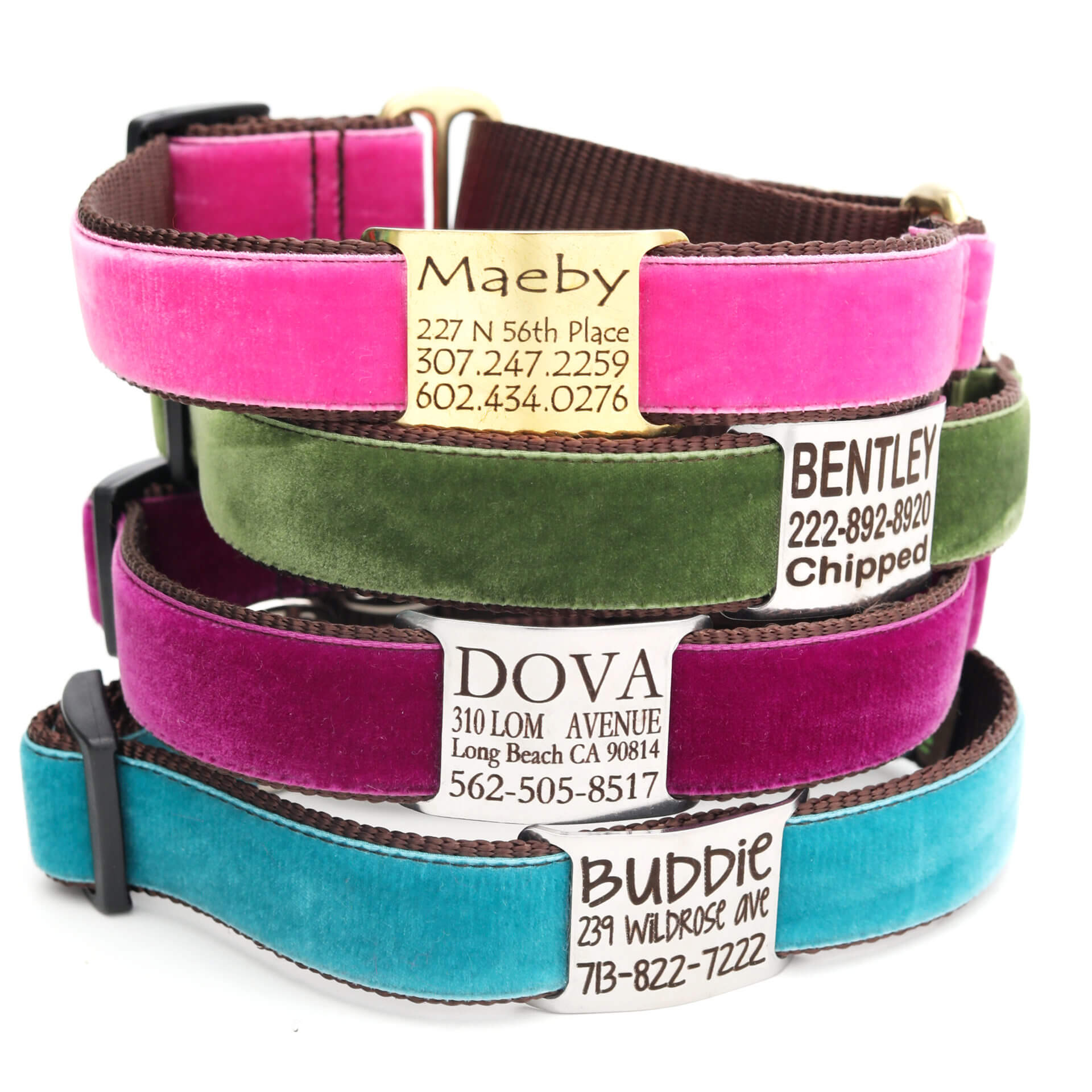 Velvet Dog Collars with Engraved Metal Buckle - 14 Colors to Choose