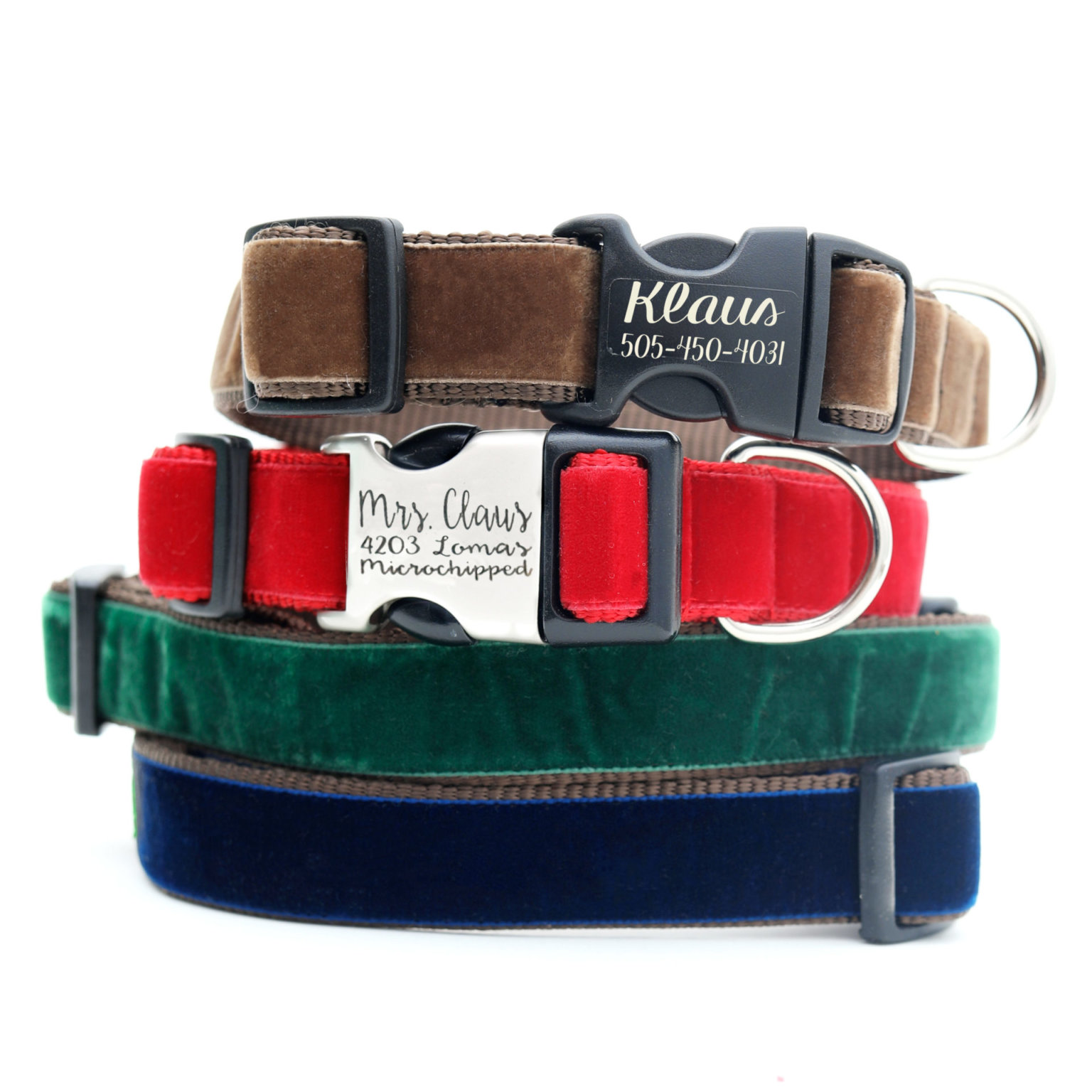 Velvet Dog Collars with Engraved Metal Buckle 14 Colors to Choose