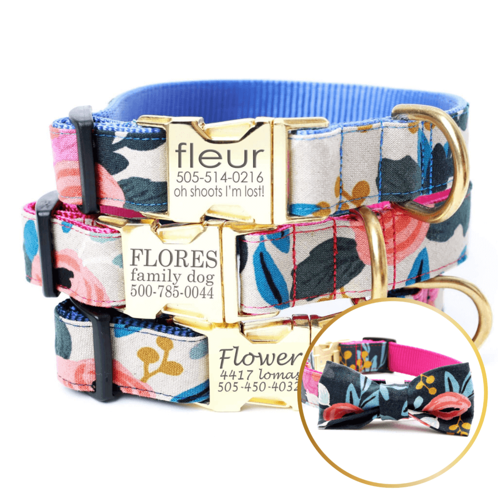 Fleur floral canvas dog collar natural color laser engraved buckle