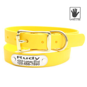 yellow nameplate biothane dog collar