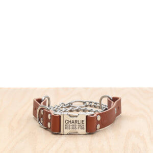 leather quick release-martingale-engraved-collar-chestnut