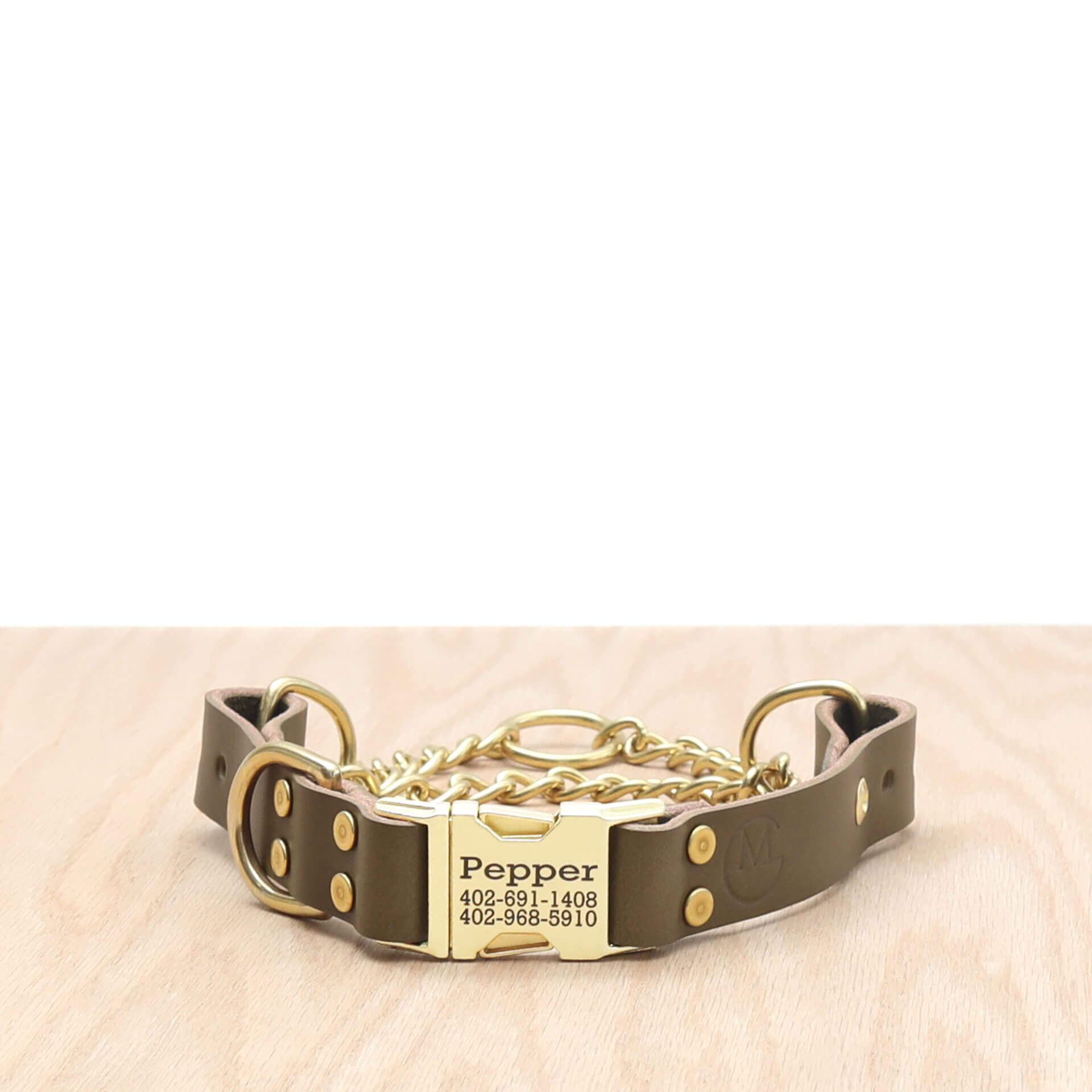 leather-quick-release-martingale-engraved-collar-olive