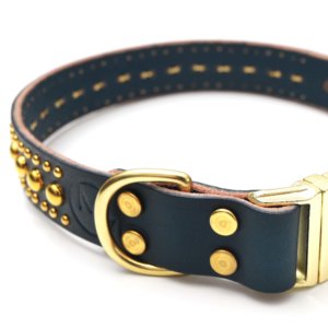 navy leather bart studded collar holiday brass close up