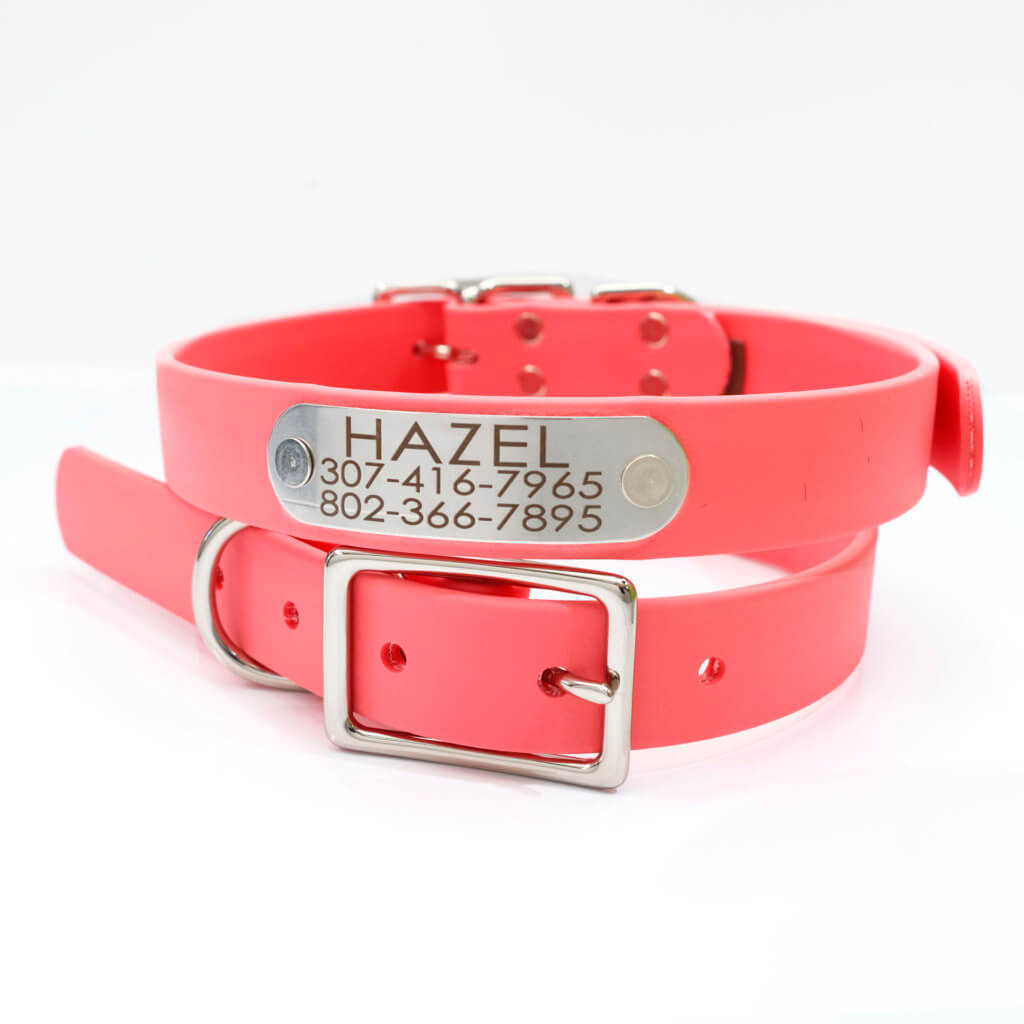 strawberry coral biothane name plate collars personalized