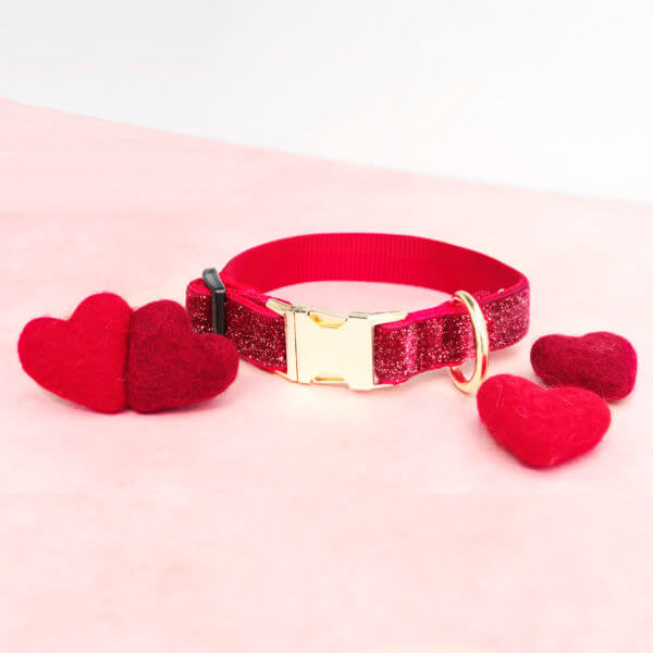 valentine dog collar red glitter hearts