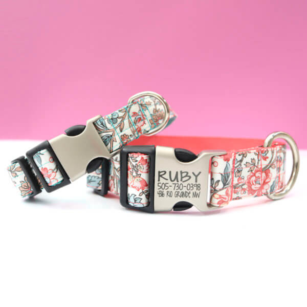 wide jane austen emma floral laminated dog collar pink