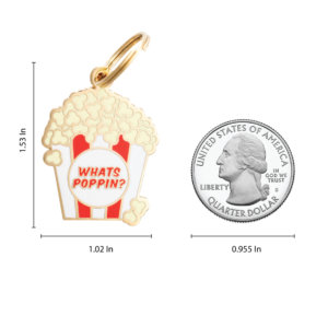 What's Poppin Popcorn Dog ID Tag size comparison