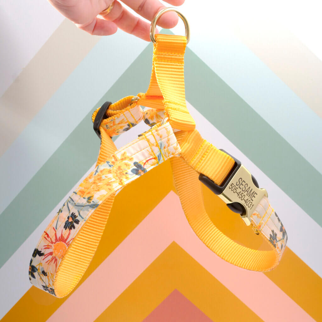 yellow dog harness flowers Hazel engraved