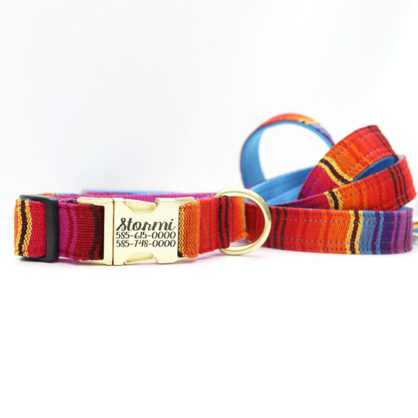 colorful fiesta Guatemalan dog collar and leash personalized