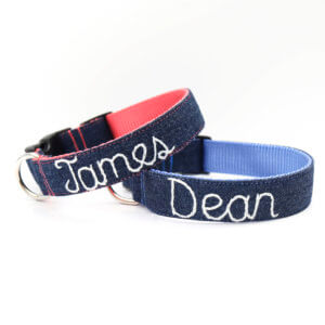 Embroidered denim dog collar railroad solid blue