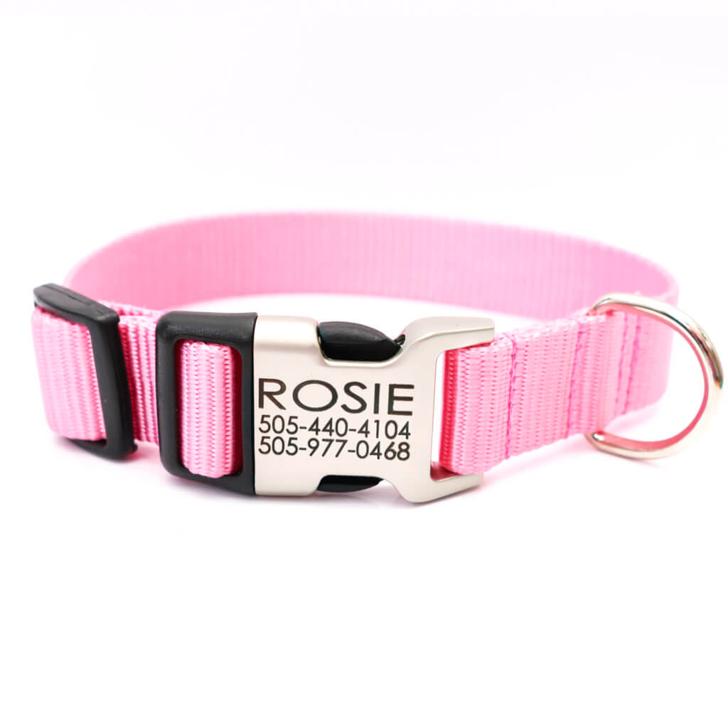 Pink Nylon engraved dog collar