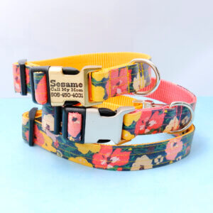 Meadow floral laminate dog collar engraved