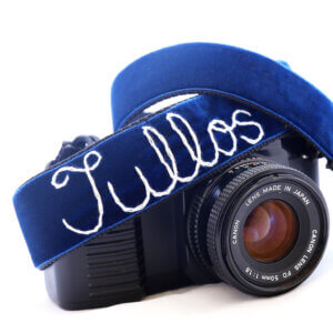 embroidered navy blue velvet camera strap
